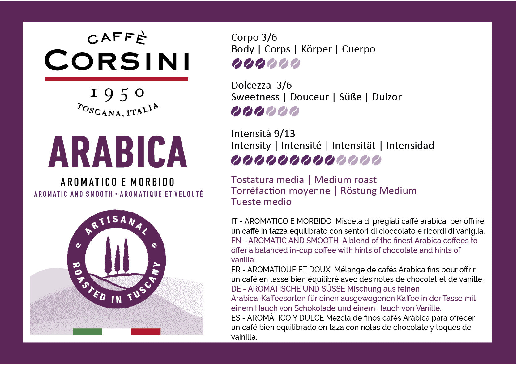 Scheda organolettica caffè 100% Arabica Caffè Corsini