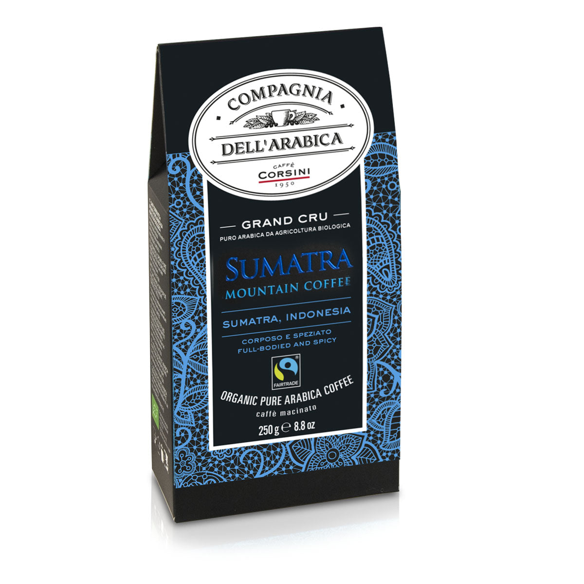 Caffè macinato Grand Cru Biologico e Fairtrade Sumatra | 100% Arabica | 250g | Cartone con 12 confezioni