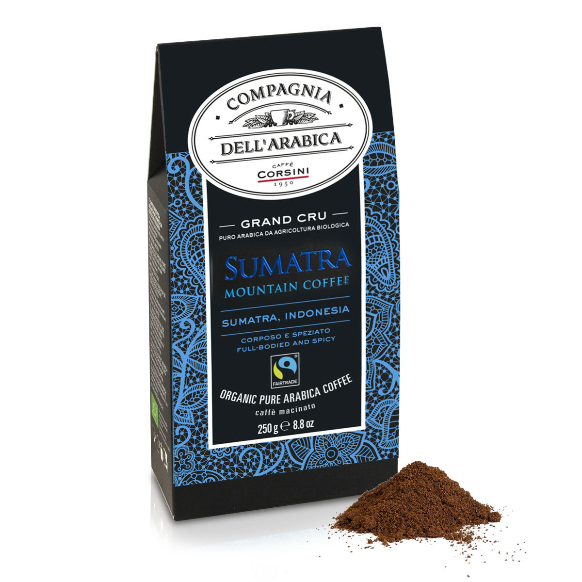 Caffè macinato Grand Cru Biologico e Fairtrade Sumatra | 100% Arabica | 250g | Cartone con 12 confezioni