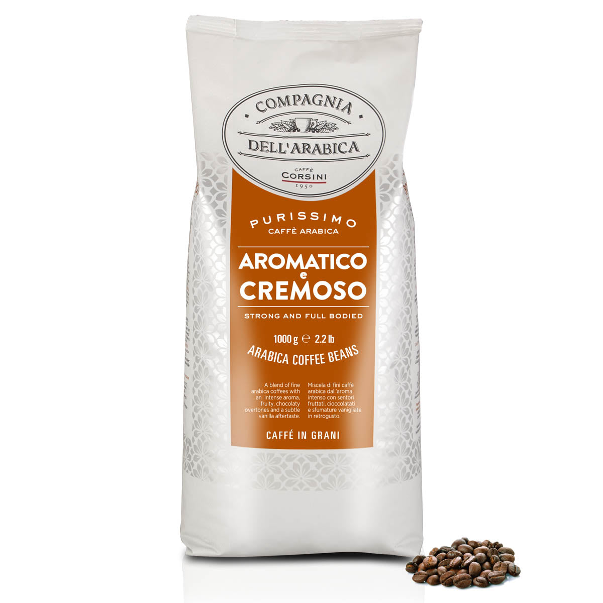 Caffè in grani | Aromatico e Cremoso | 100% Arabica | 1 Kg | Cartone con 8 confezioni