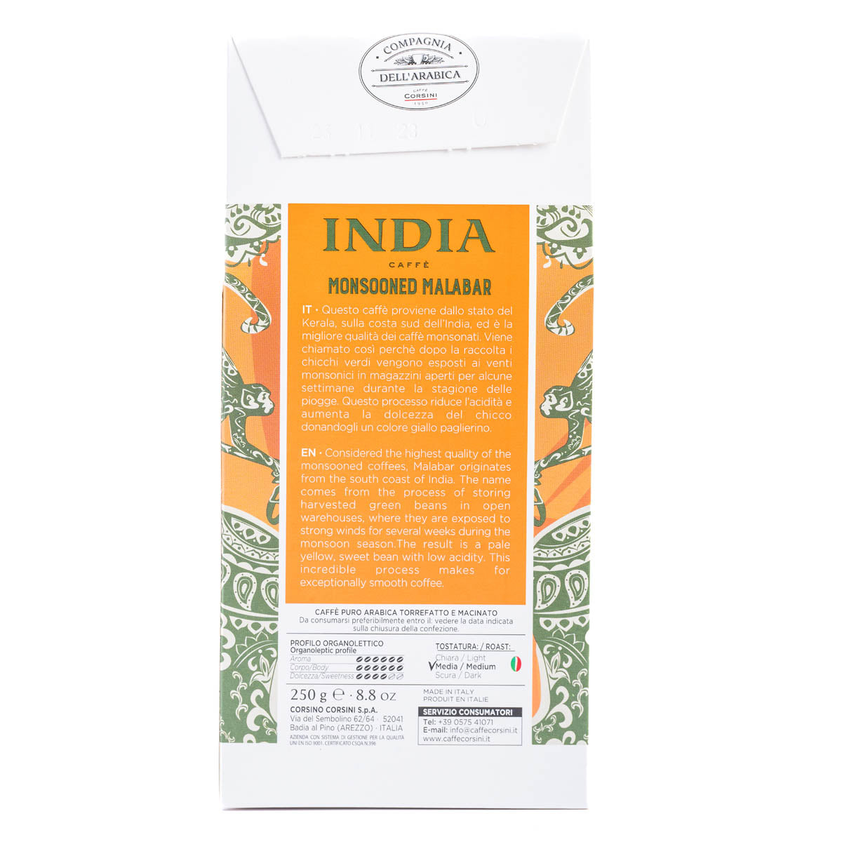 Caffè macinato | India Monsooned Malabar | 100% Arabica | Confezione da 250g | Cartone con 12 confezioni