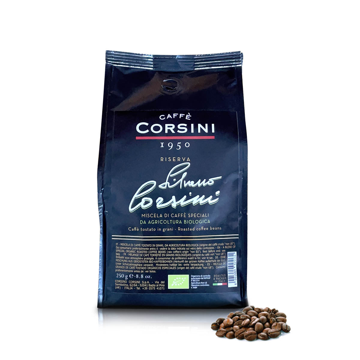 Caffè in grani | Riserva Silvano Corsini da Agricoltura Biologica | 250g | Cartone con 12 confezioni