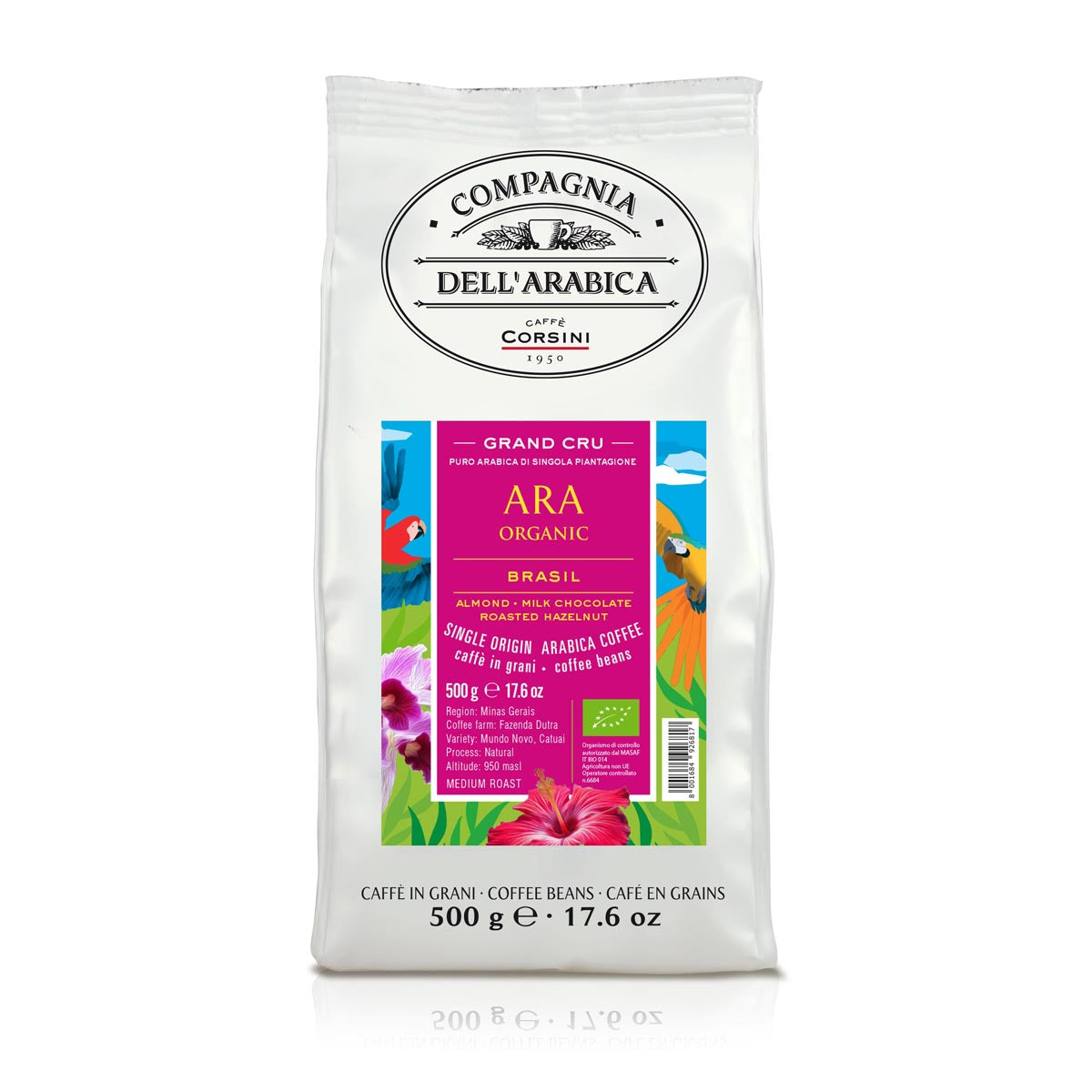 Caffè in grani | Ara Organic | Brasil | 100% Arabica | 500g | Cartone con 15 confezioni