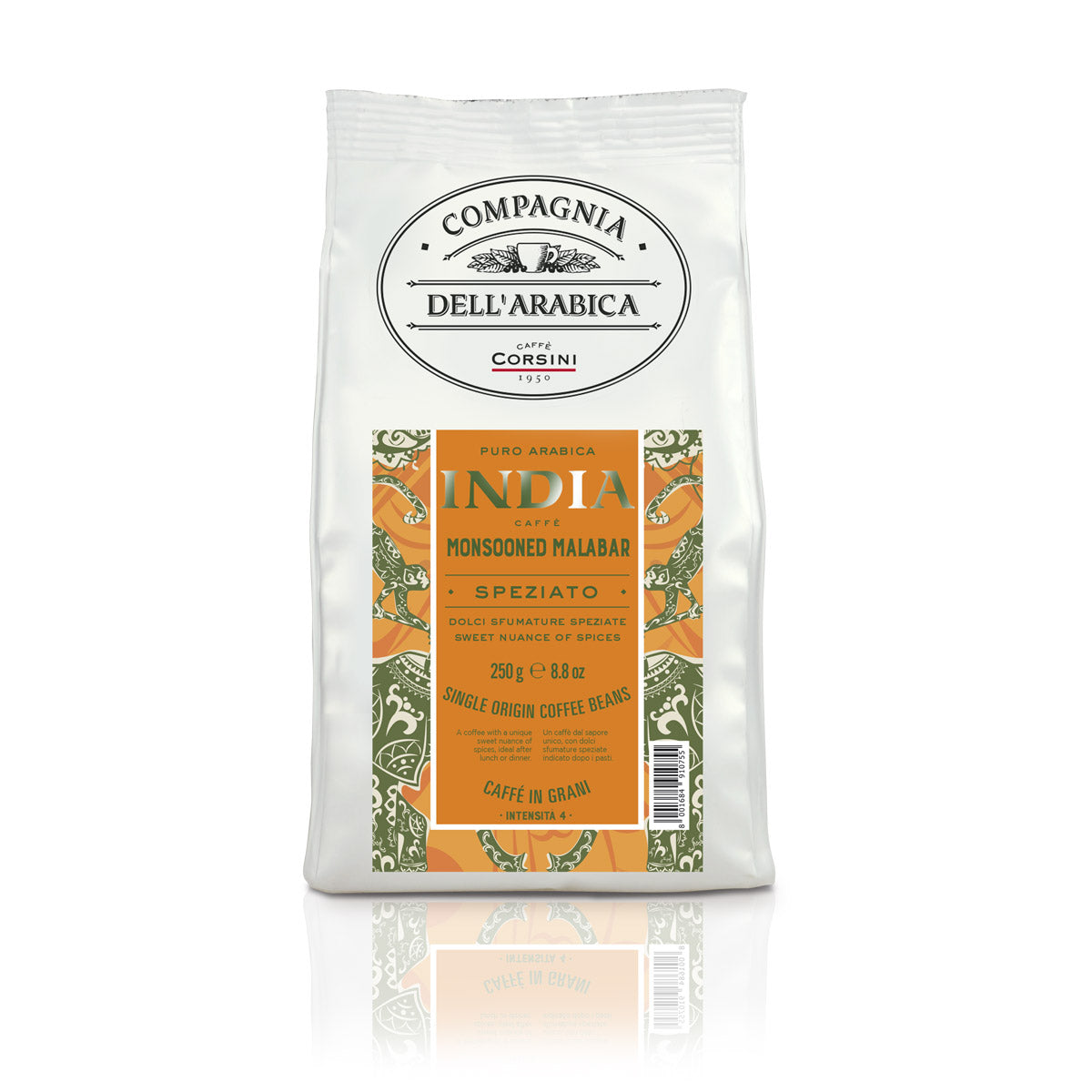 Caffè in grani | India Monsooned Malabar | 100% Arabica | 250 g | Cartone con 12 confezioni