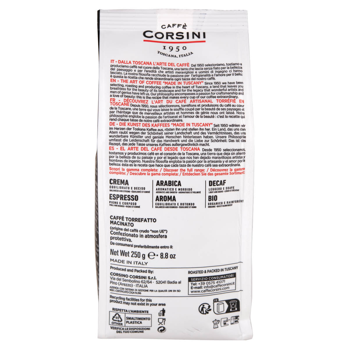 Miscela Arabica e Robusta, Espresso, caffè macinato 250g | Nuova gamma home Caffè Corsini