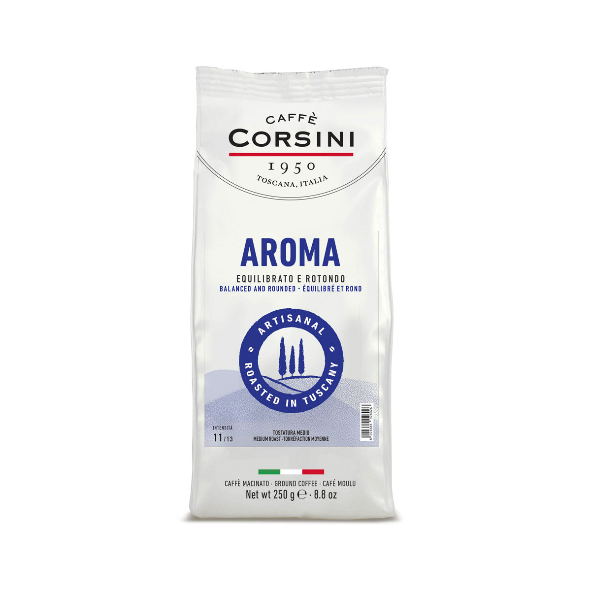 Miscela Arabica e Robusta, Aroma, caffè macinato 250g | Nuova gamma home Caffè Corsini | Cartone da 10