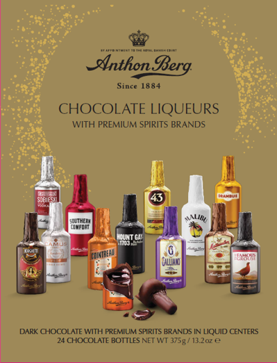 24 cioccolatini Anthon Berg a forma di bottigliette con liquori assortiti