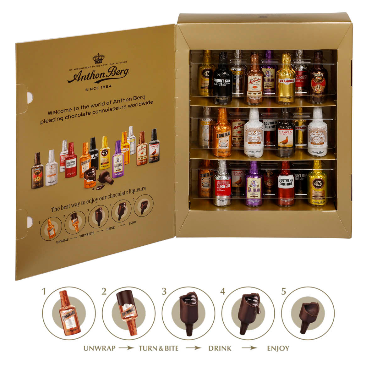 24 cioccolatini Anthon Berg a forma di bottigliette con liquori assortiti