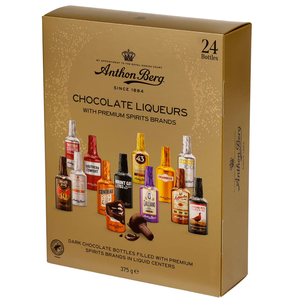 24 cioccolatini Anthon Berg a forma di bottigliette con liquori assortiti