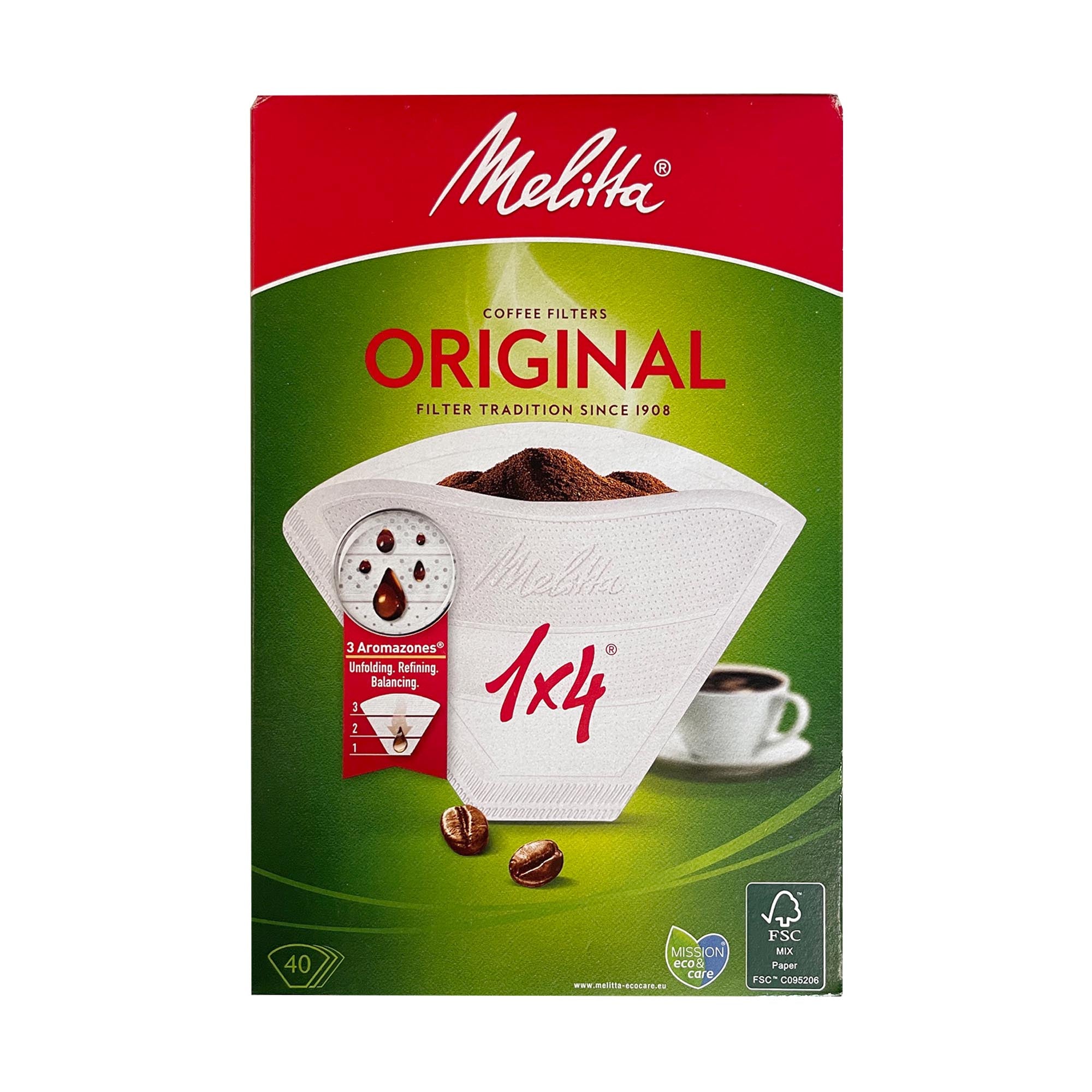 Confezione contenente 40 filtri in carta Melitta 1x4 tazze | Cartone con 18 confezioni
