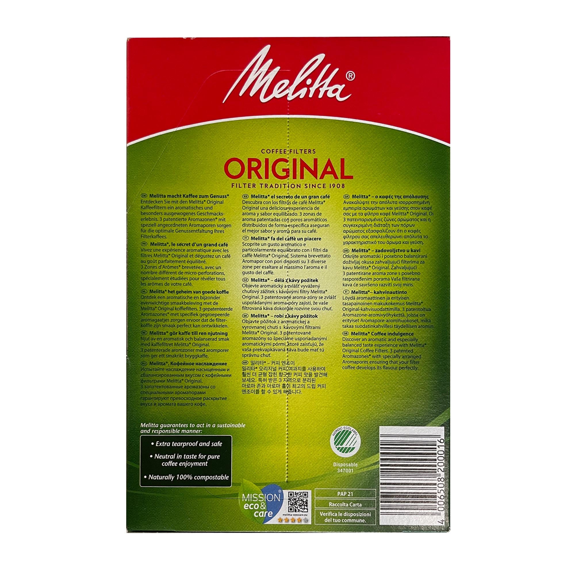 Confezione contenente 40 filtri in carta Melitta 1x4 tazze | Cartone con 18 confezioni