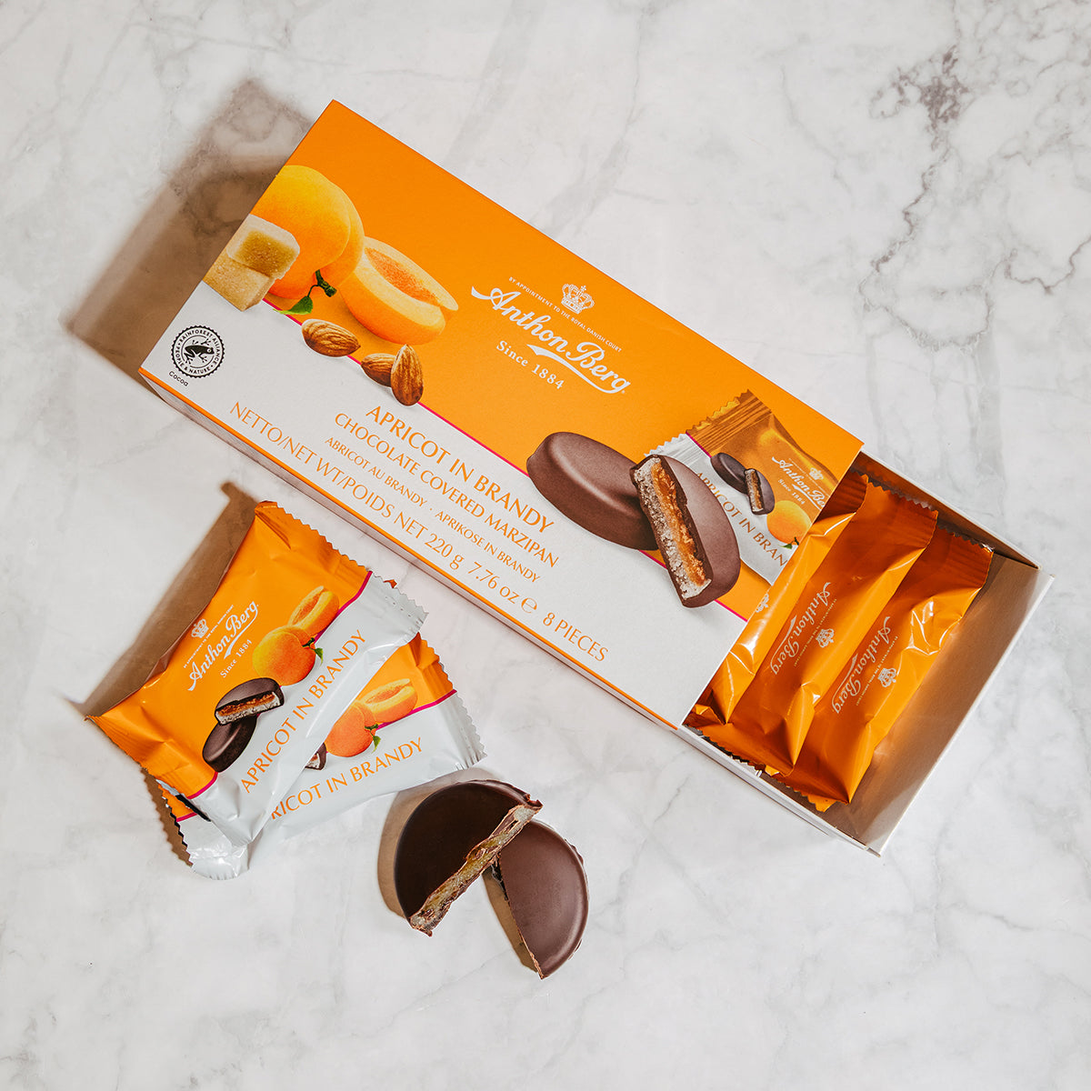 Snack Dolci all'Albicocca Ricoperti di Cioccolato, Ripieni di Marzapane e Brandy | Box da 12
