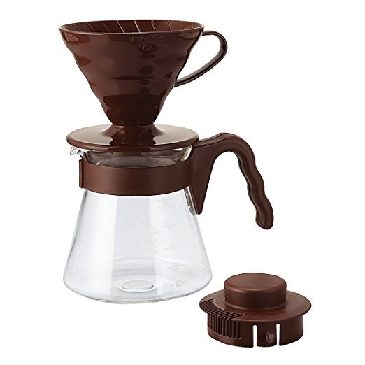 Hario V60 Size 02 Brown Plastic Coffee Dripper and Glass Server with Lid VCSD-02CBR