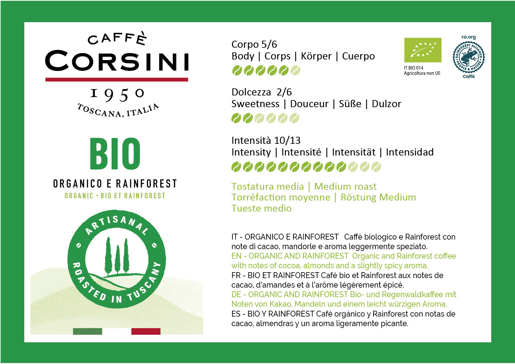 Caffè biologico e Rainforest in grani, BIO, 250g | Nuova gamma home Caffè Corsini