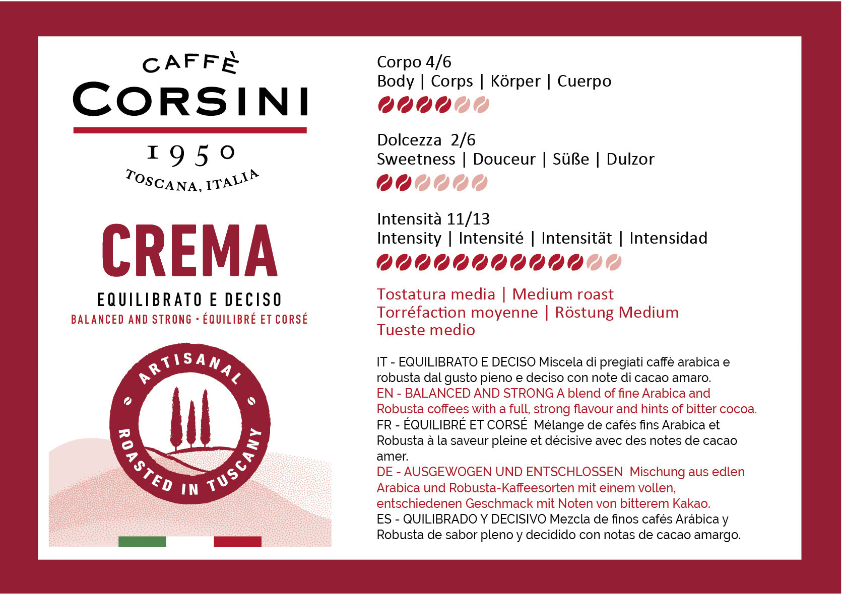 Caffè Corsini | Arabica and Robusta blend, Cream, coffee beans 500g | Box of 15