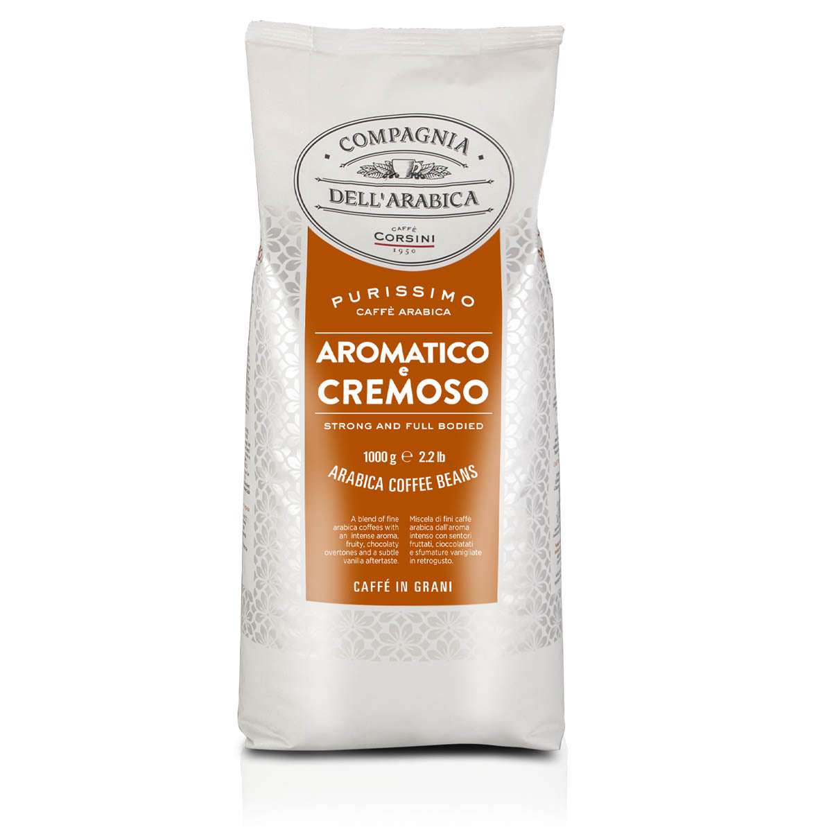 Caffè in grani | Aromatico e Cremoso | 100% Arabica | 1 Kg | Cartone con 8 confezioni