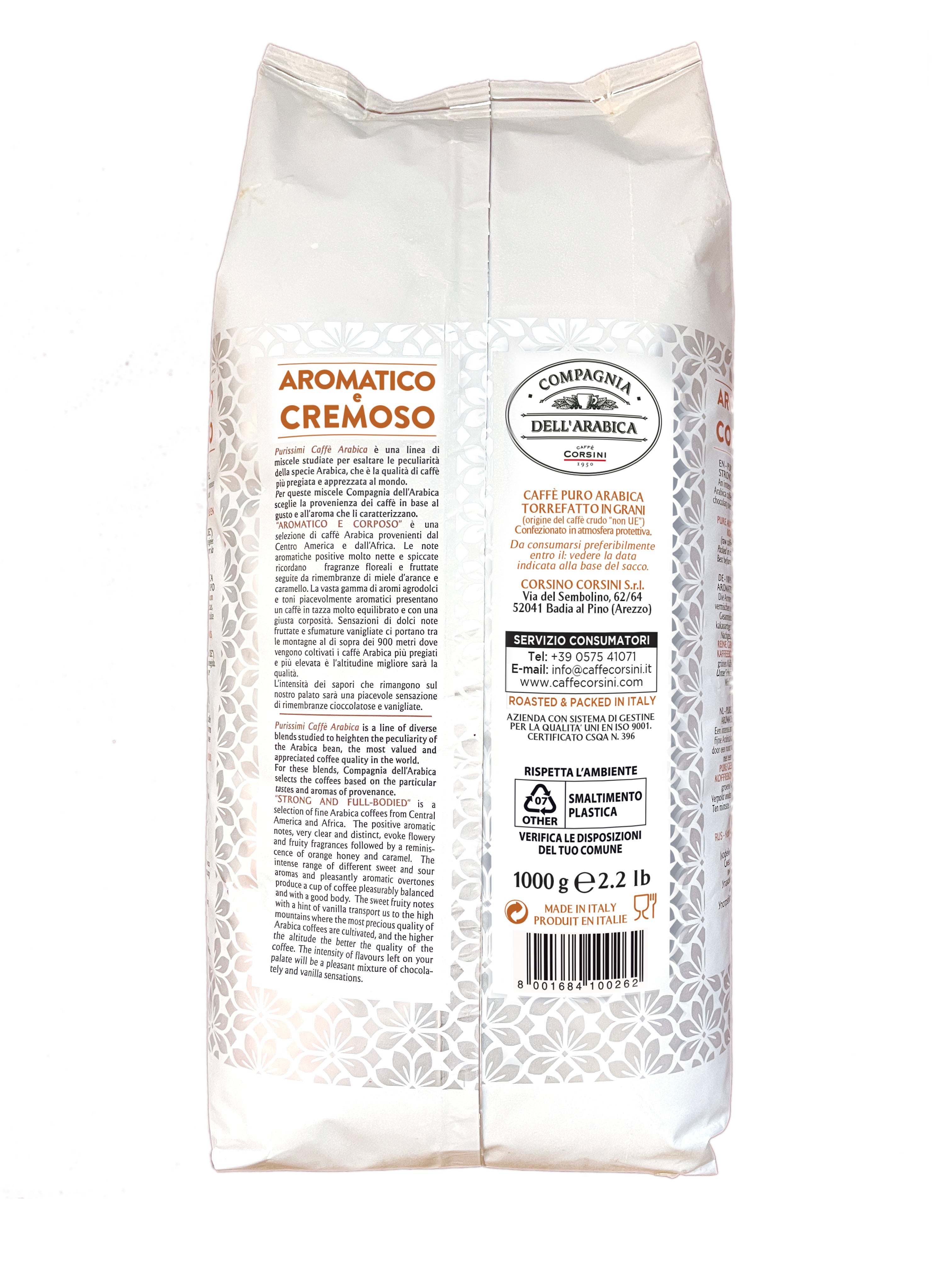 Coffee beans | Aromatico e Cremoso | 100% Arabica | 1Kg | Box of 8 packs