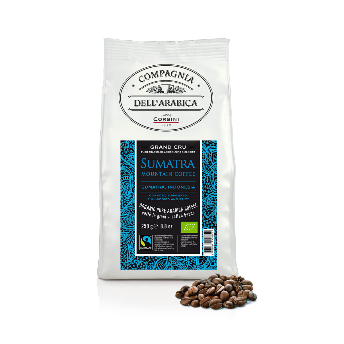 Caffè in grani | Sumatra Bio e Fairtrade | 100% Arabica | 250g | Cartone con 12 confezioni