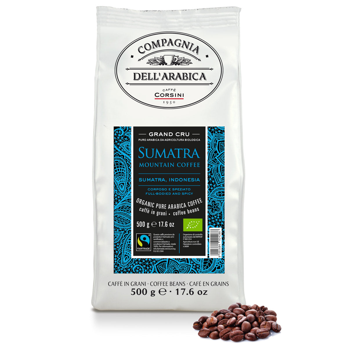 Caffè in grani | Sumatra Bio e Fairtrade | 100% Arabica | 500g | Cartone con 15 confezioni