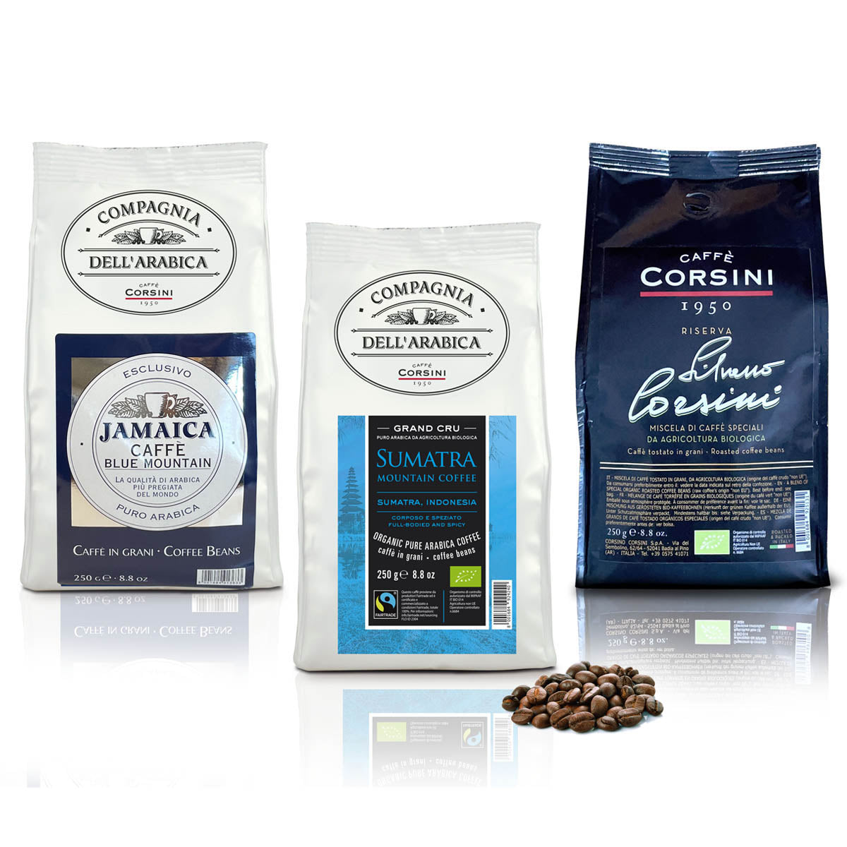 Coffee beans set | Excellence in a Cup | Sumatra, Jamaica, Riserva | 250g each pack