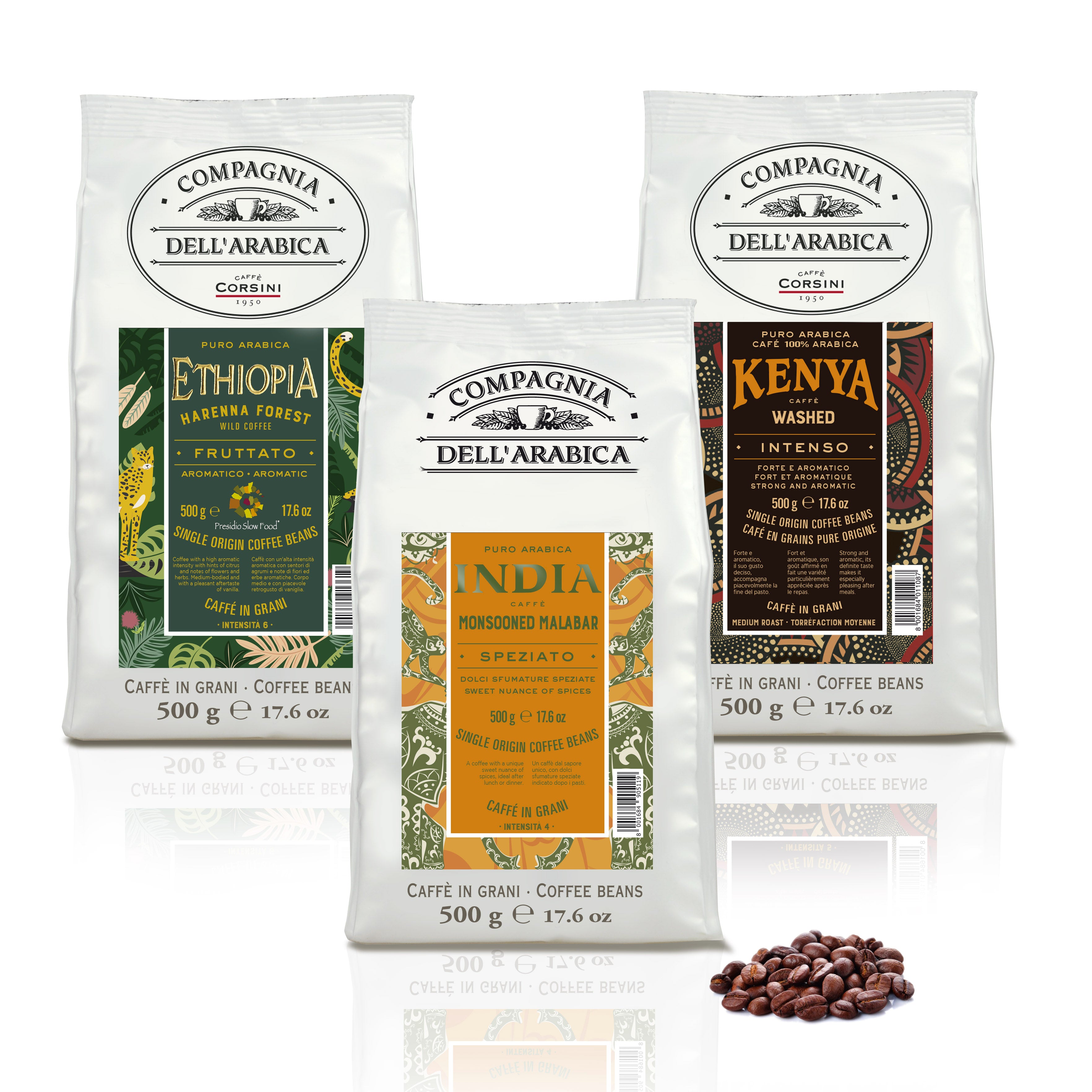 Tris di caffè in grani | Ethiopia, India, Kenya | 500g in ogni confezione