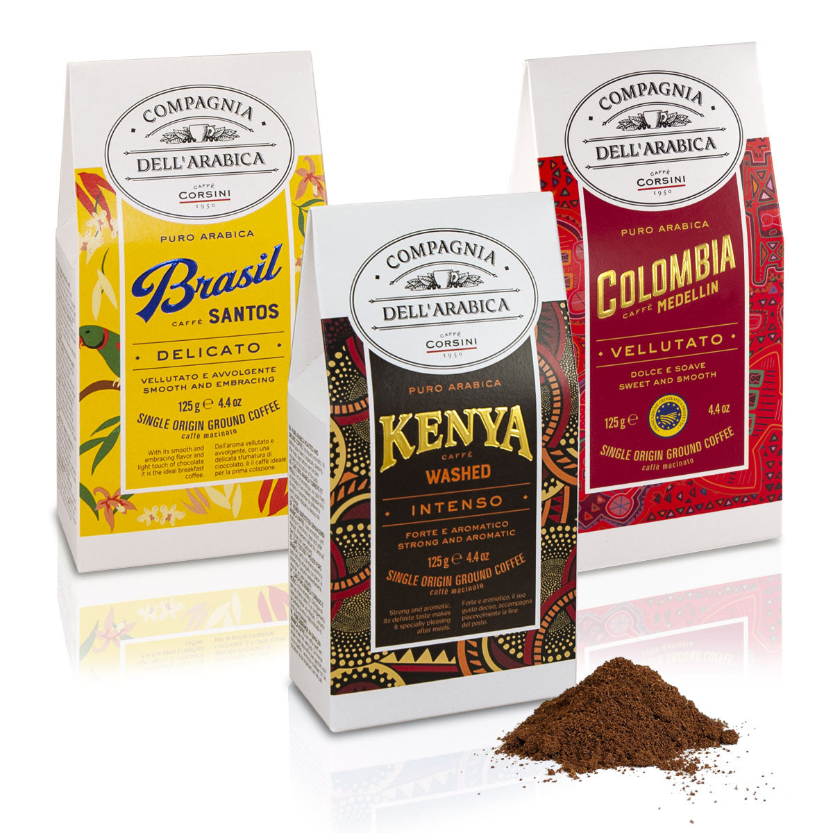 Set con 3 confezioni di caffè macinato | Colombia, Brasil e Kenya | 100% ARABICA | 3X125g