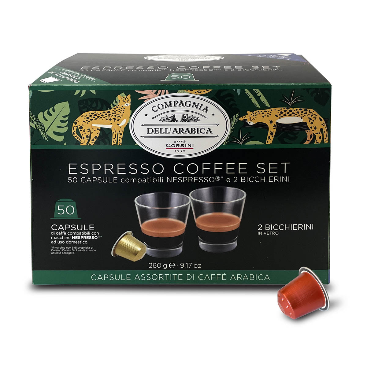50 Nespresso® compatible assorted coffee capsules + 2 glasses | 100% Arabica