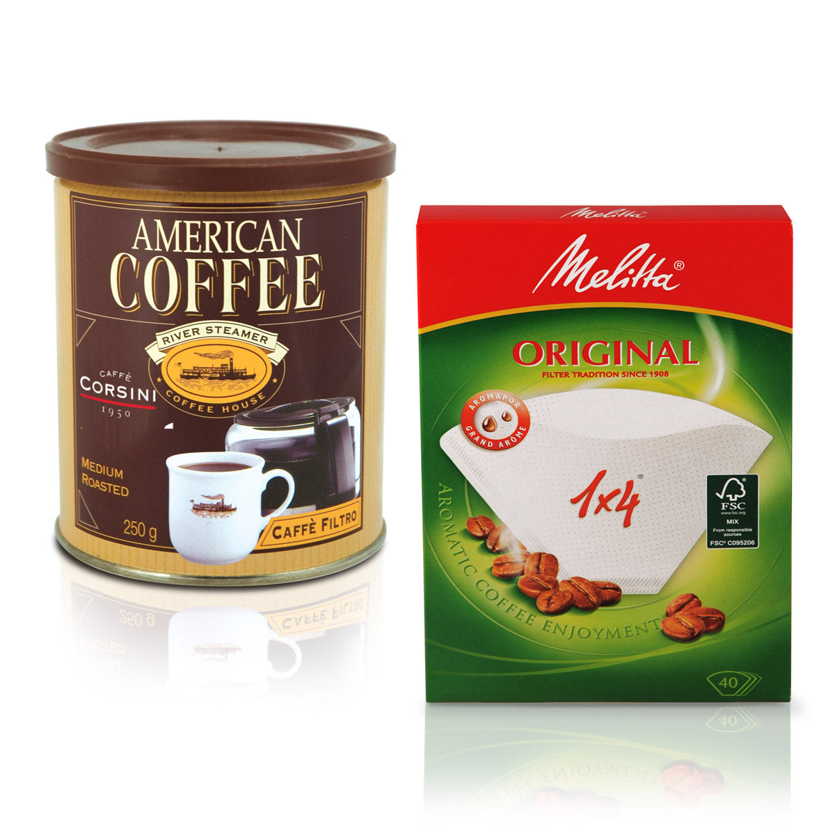 Lattina da 250g di American Coffe e confezione da 40 filtri in carta Melitta 1x4 tazze