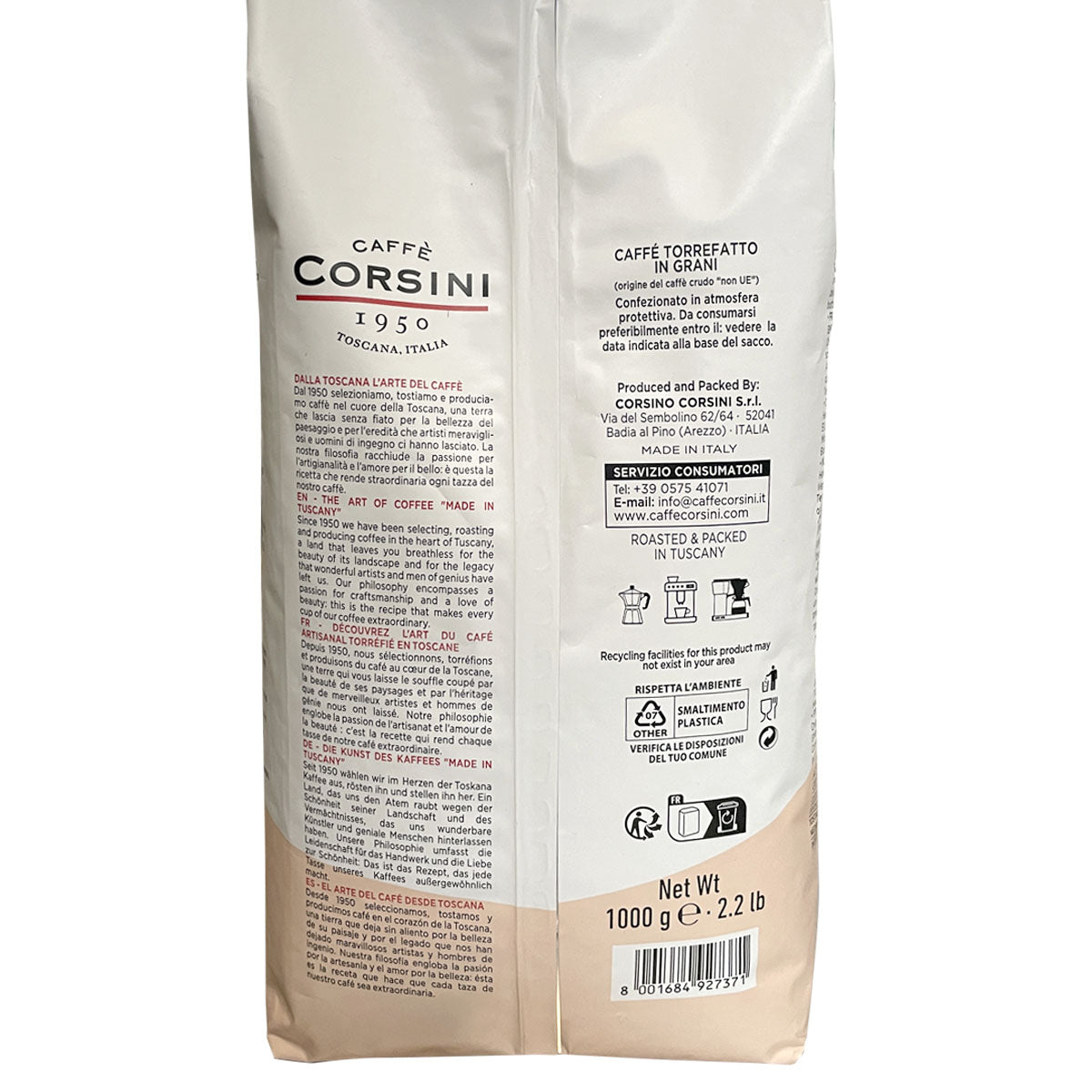 Caffè Corsini, Miscela Arabica e Robusta, Espresso, caffè in grani 1 Kg | Cartone da 8