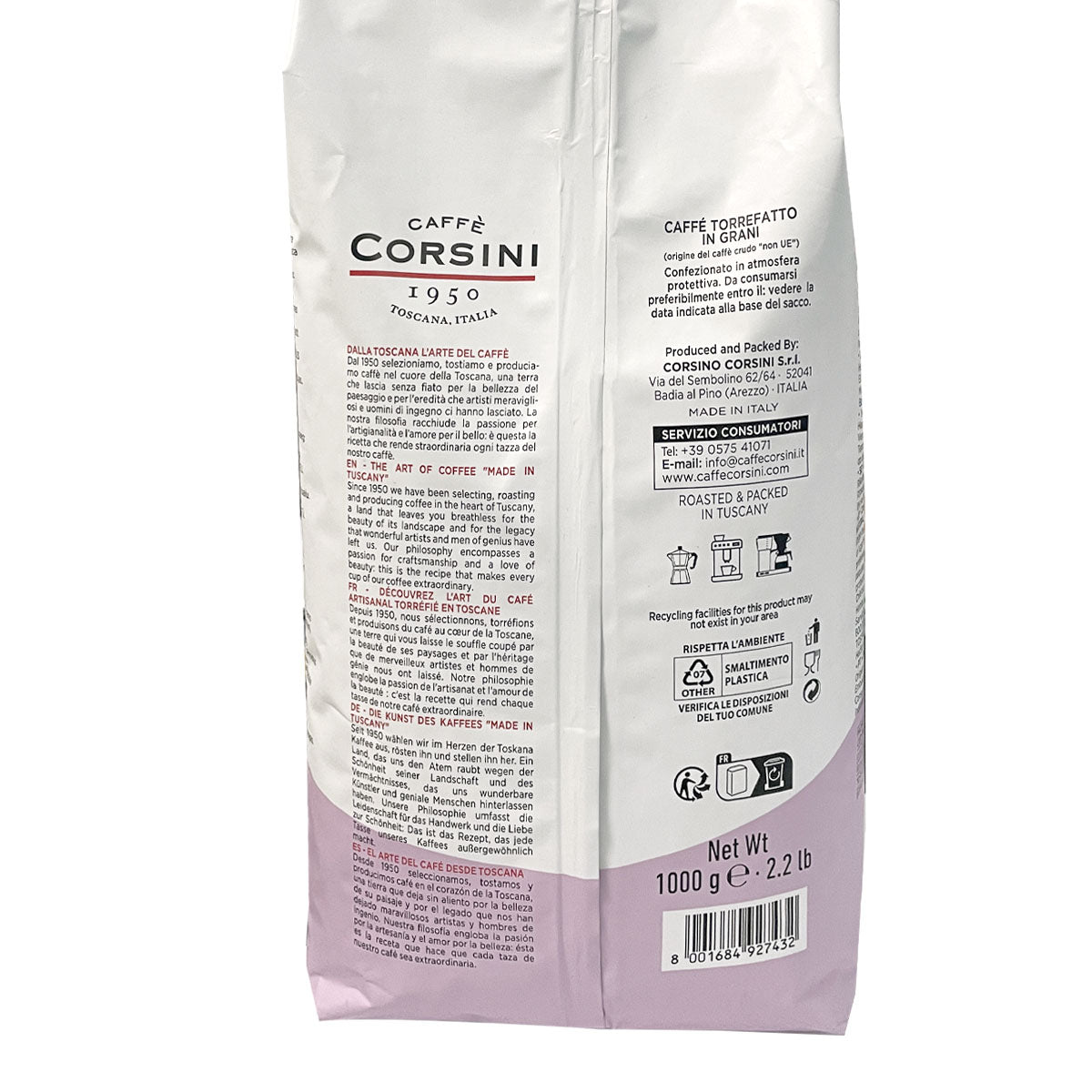 Caffè Corsini | Miscela 100% Arabica, caffè in grani 1 Kg | Cartone da 8