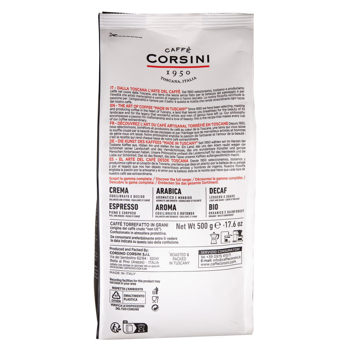 Arabica and Robusta blend, Decaffeinato, coffee beans 500g | New home range Caffè Corsini