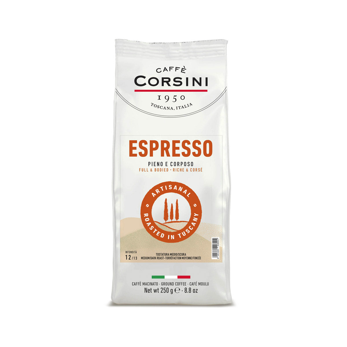 Caffè Corsini | Arabica and Robusta blend, Espresso, ground coffee 250g | Box of 10