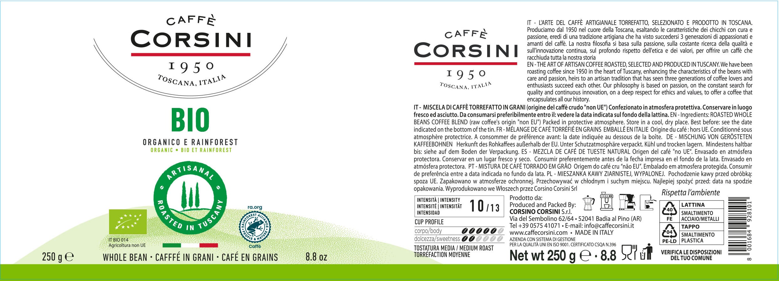 Organic and Rainforest coffee beans, BIO, 250g | New home range Caffè Corsini