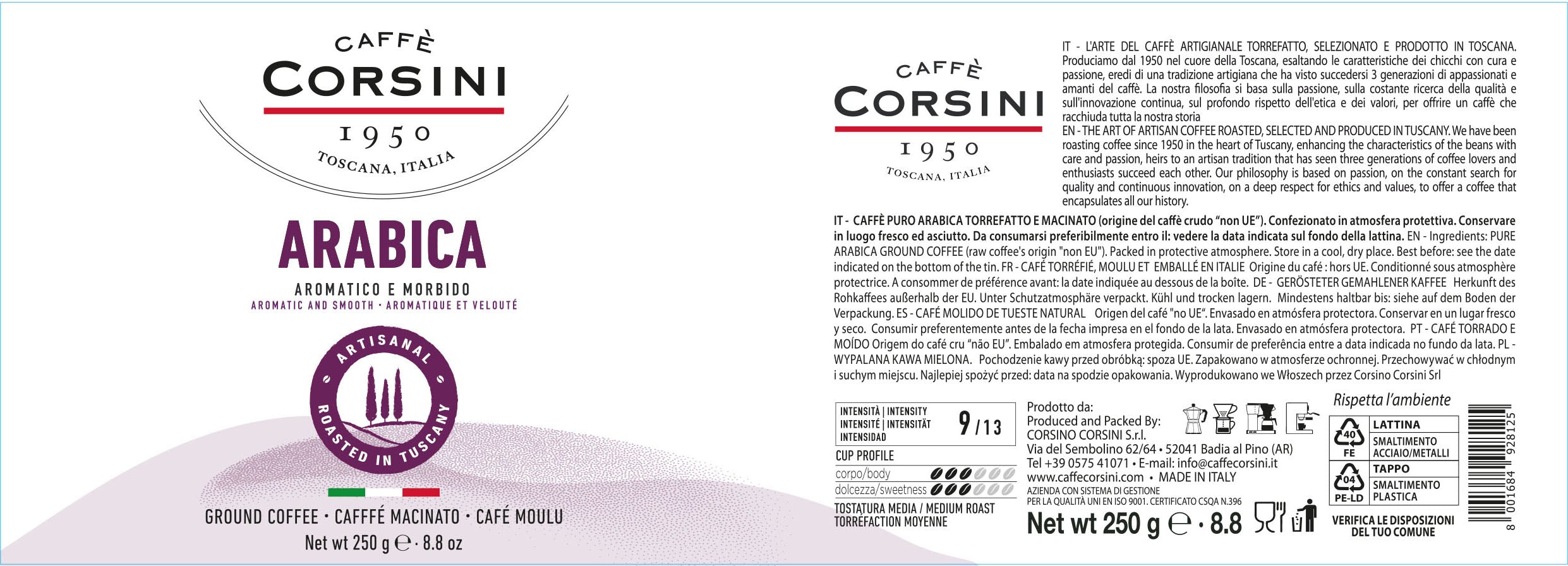 Caffè Corsini | Miscela 100% Arabica, lattina di caffè macinato 250g | Cartone da 12