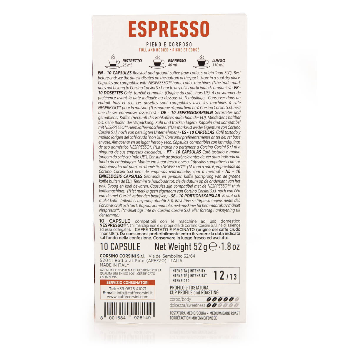 Miscela Arabica e Robusta | 10 capsule compatibili Nespresso® | Nuova Gamma Caffè Corsini | Cartone da 10