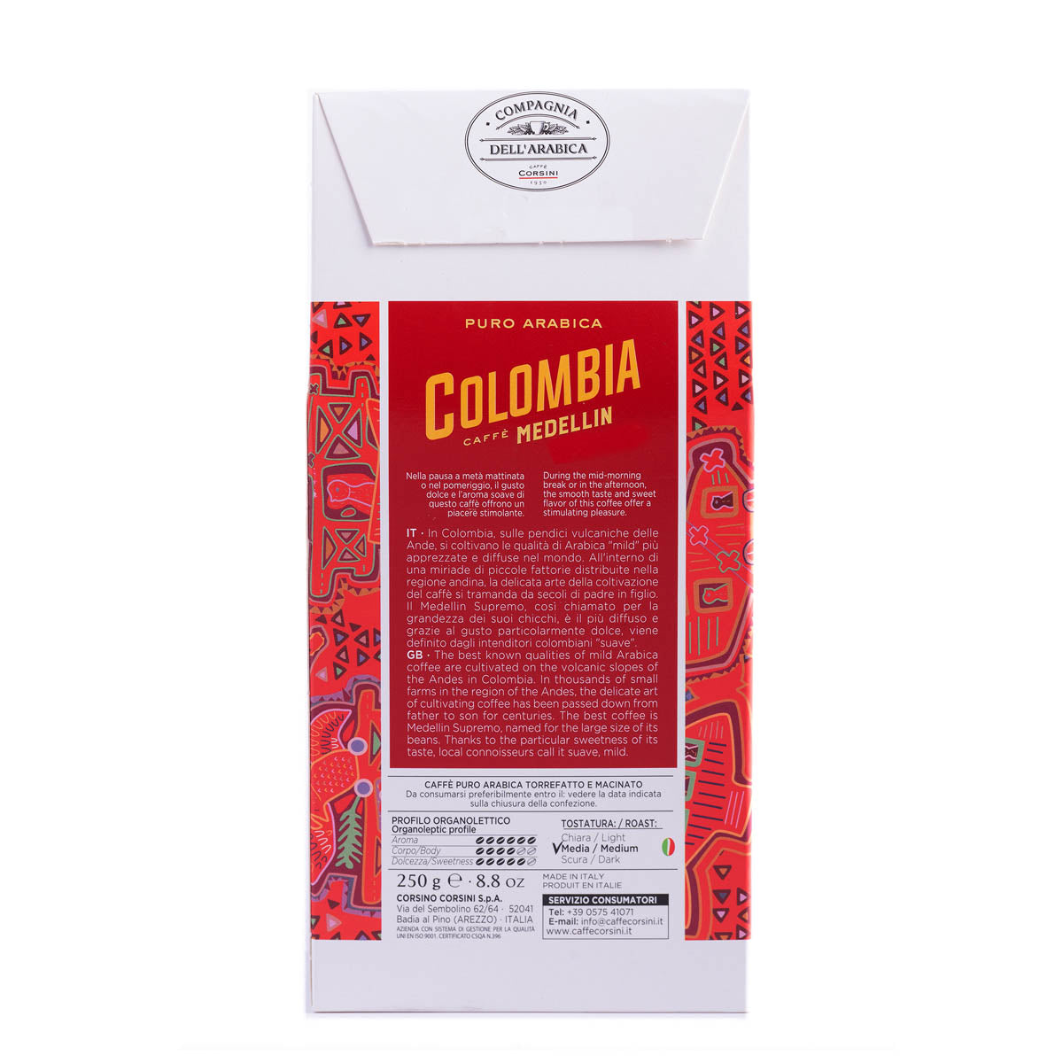 Caffè macinato Colombia Medellin | 100% Arabica | IGP | Confezione da 250g | Cartone con 12 confezioni