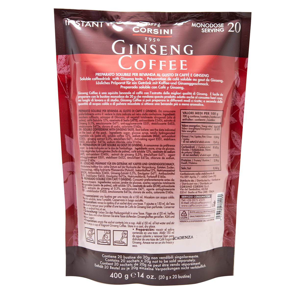 Ginseng coffee | 20 bustine monodose da 20 grammi ciascuna | Cartone con 20 confezioni
