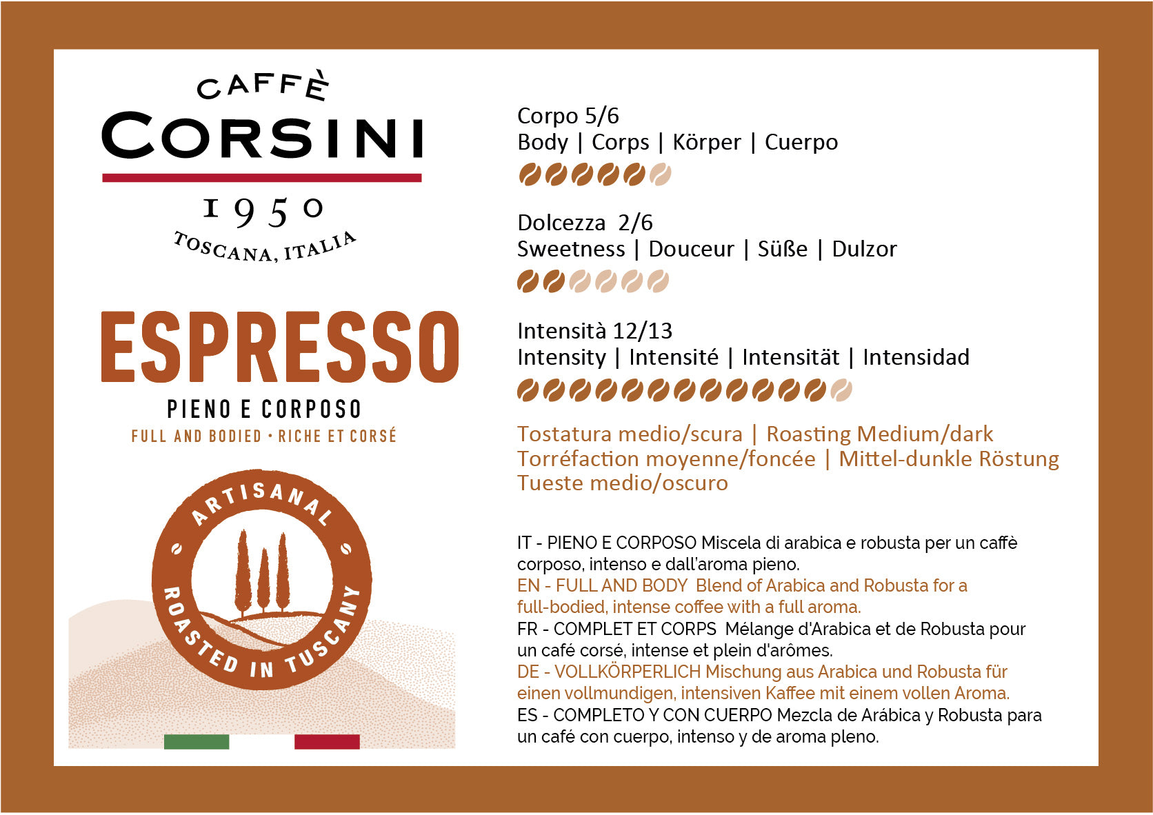 Arabica and Robusta blend, Espresso, coffee beans 1kg | New home range Caffè Corsini