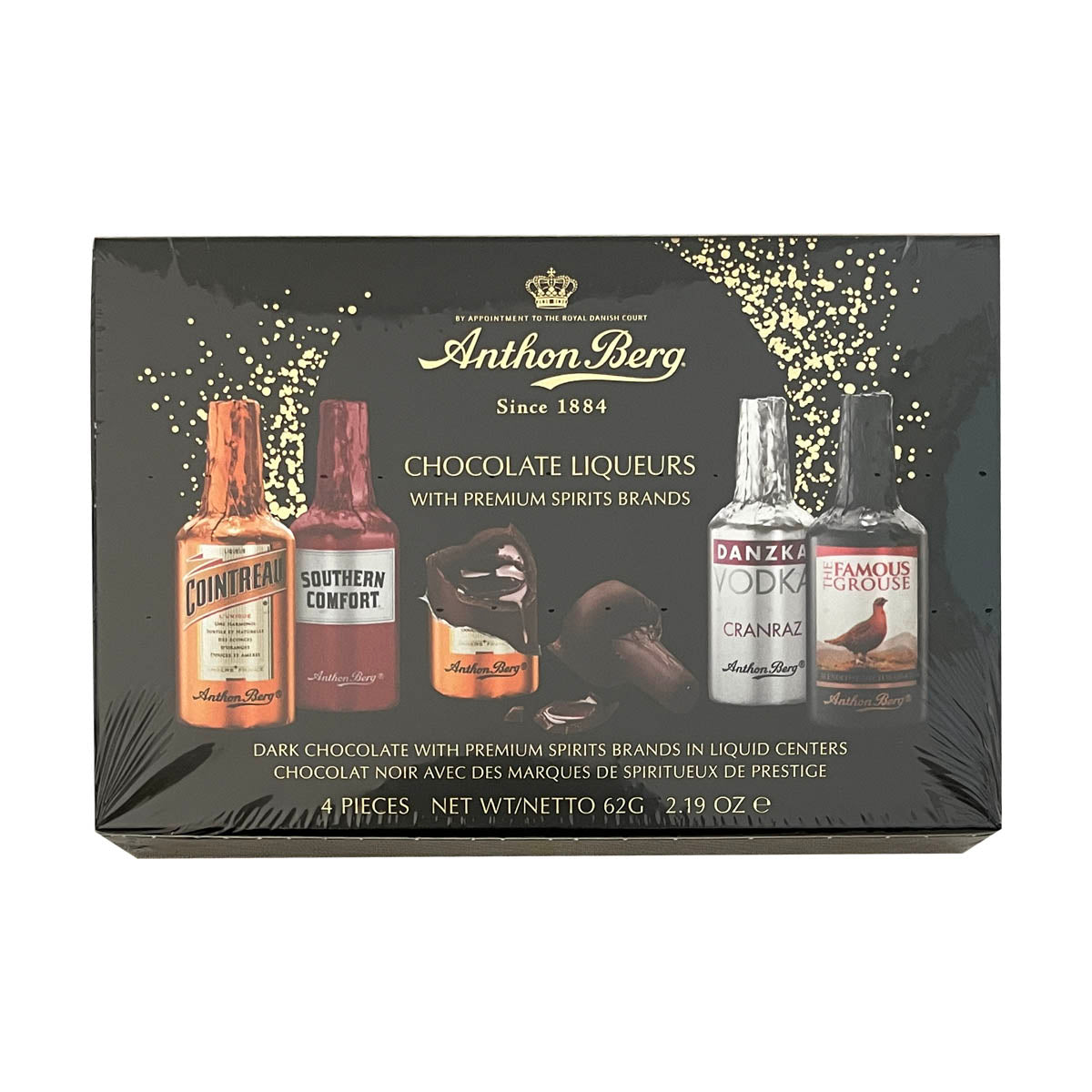 4 bottigliette di cioccolato e liquori assortiti | Confezione regalo | 62g | Anthon Berg