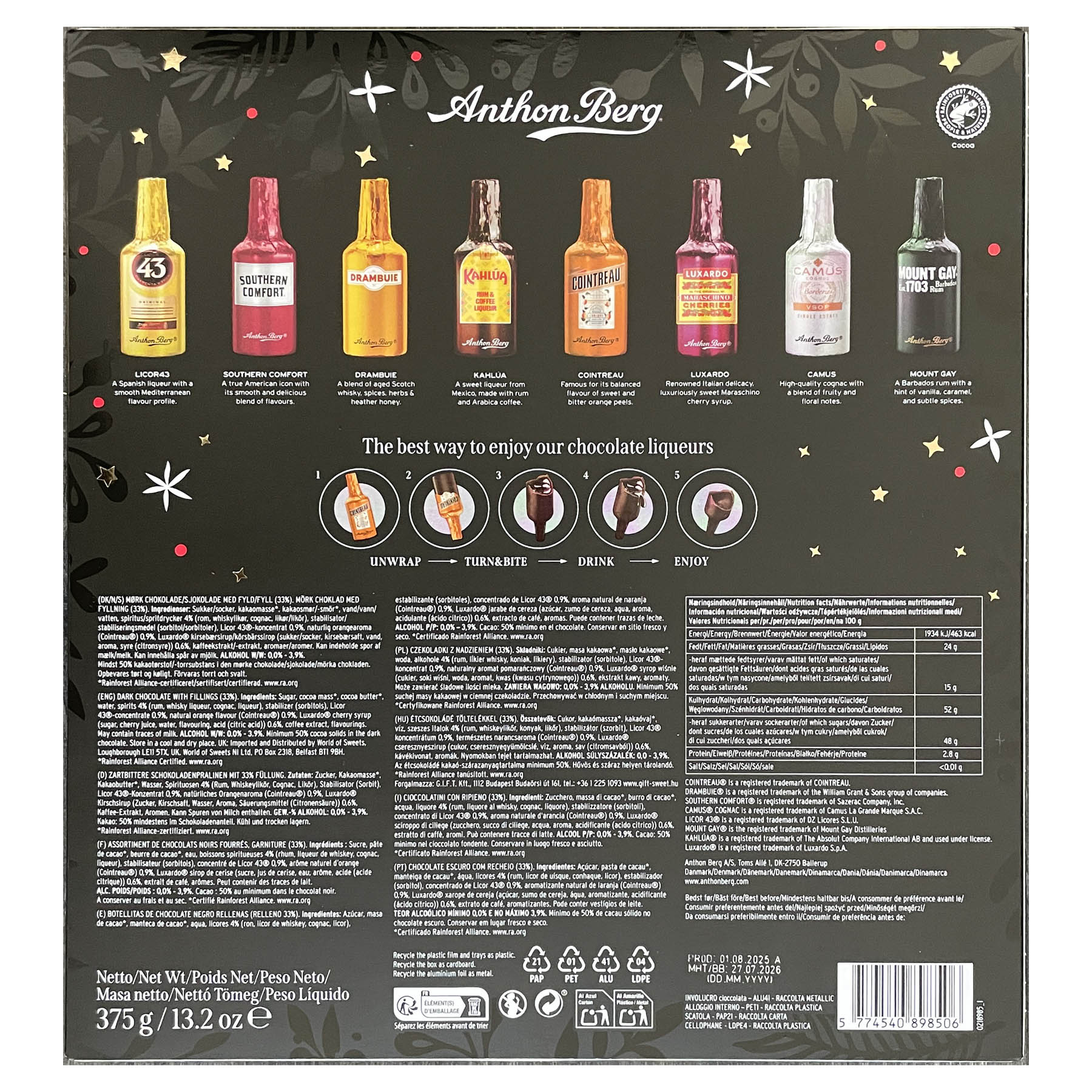 Anthon Berg - Calendario dell'Avvento con 24 Cioccolatini Assortiti al Liquore, Confezione Regalo, 375g