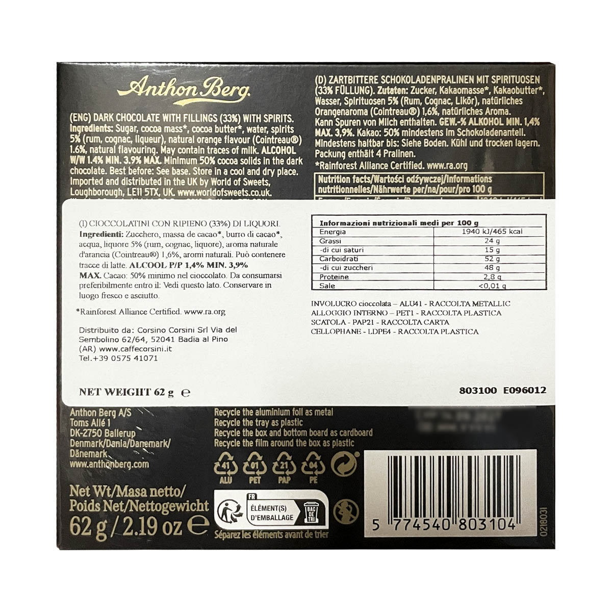 4 bottigliette di cioccolato e liquori assortiti | Signature collection | 62g | Anthon Berg