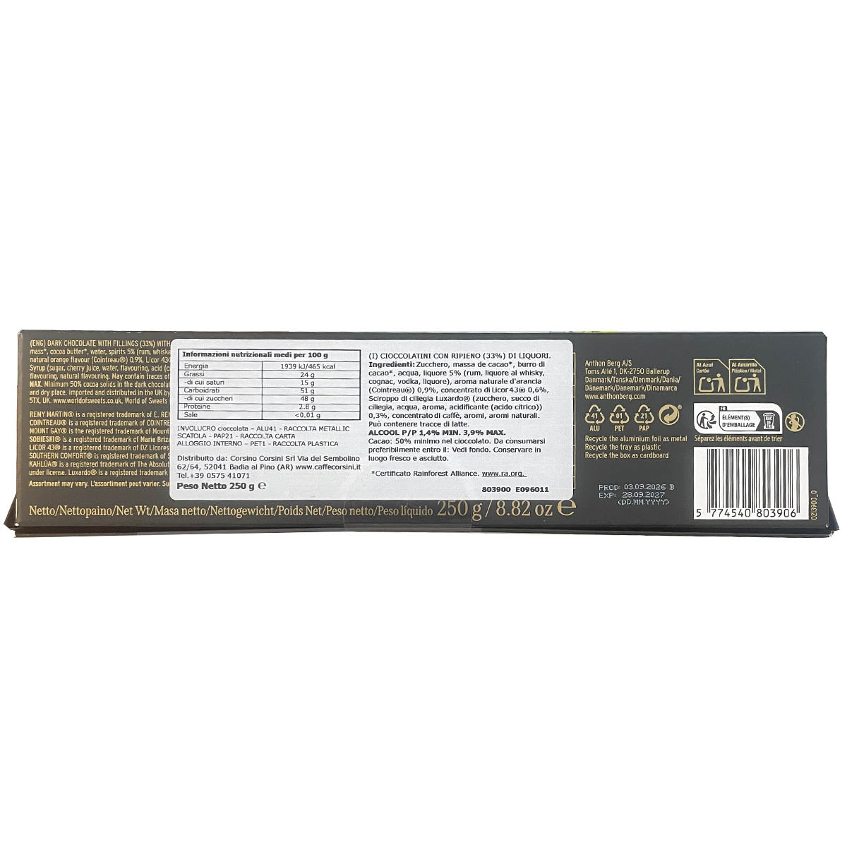 16 bottigliette di cioccolato ripiene di liquori assortiti | Anthon Berg | Cartone con 18 pezzi
