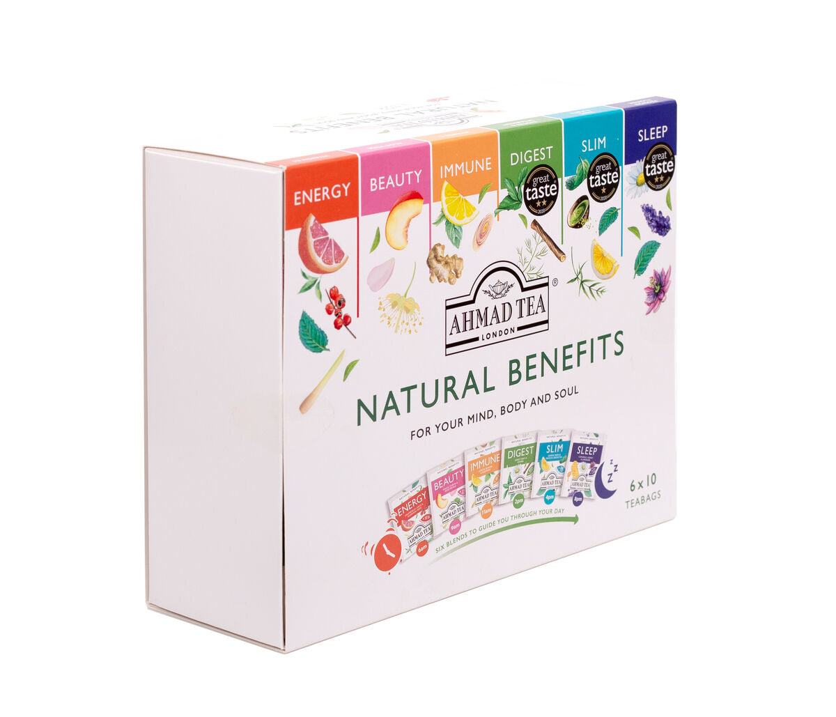 Natural Benefits | Ahmad Tea | 6 infusi alla frutta e alle erbe | 60 bustine in ogni confezione | Cartone da 8