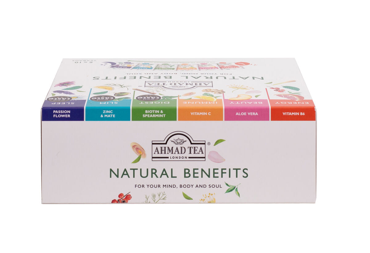 Natural Benefits | Ahmad Tea | 6 infusi alla frutta e alle erbe | 60 bustine in ogni confezione | Cartone da 8