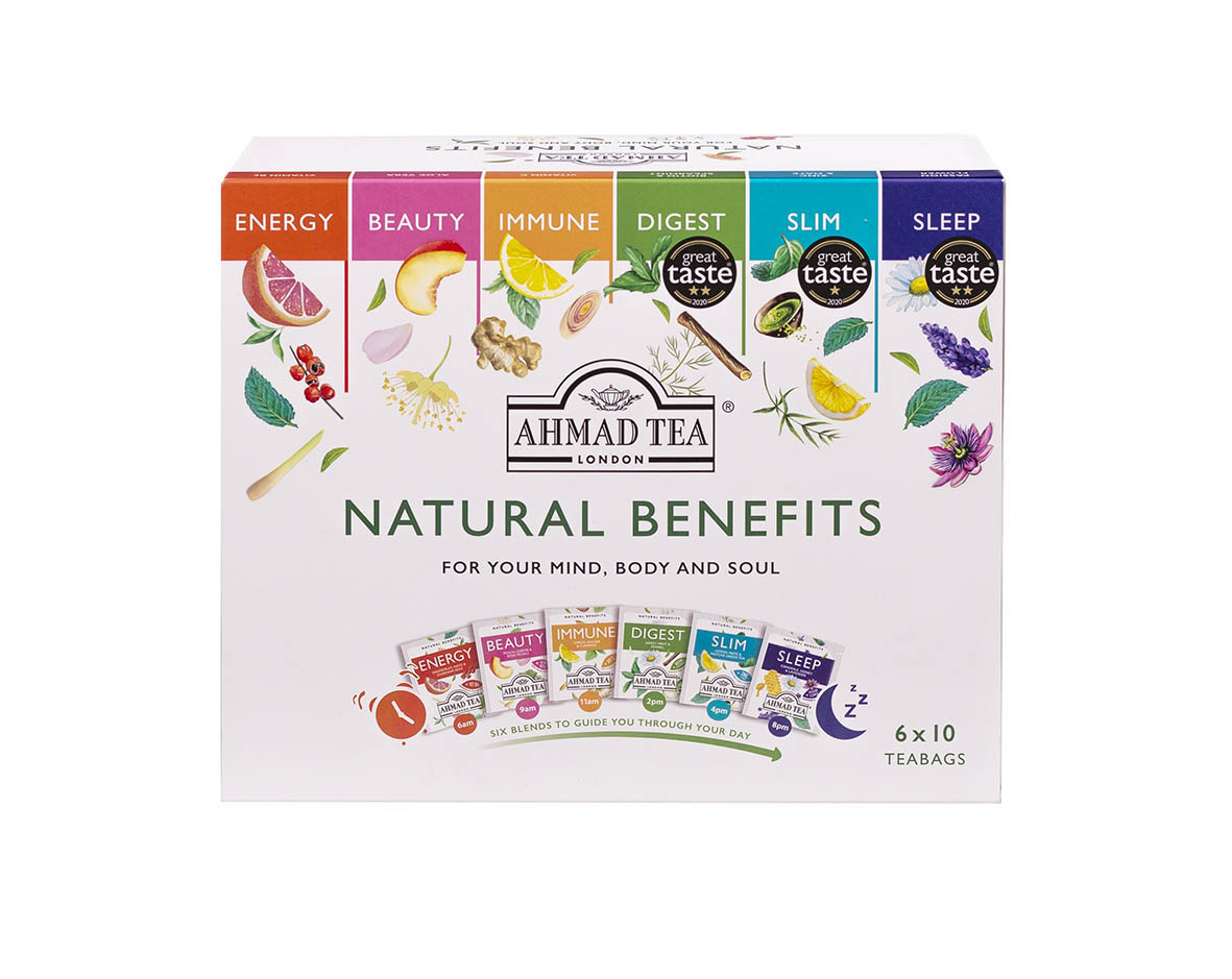 Natural Benefits | Ahmad Tea | Selezione di tè con 6 infusi alla frutta e alle erbe | 60 bustine