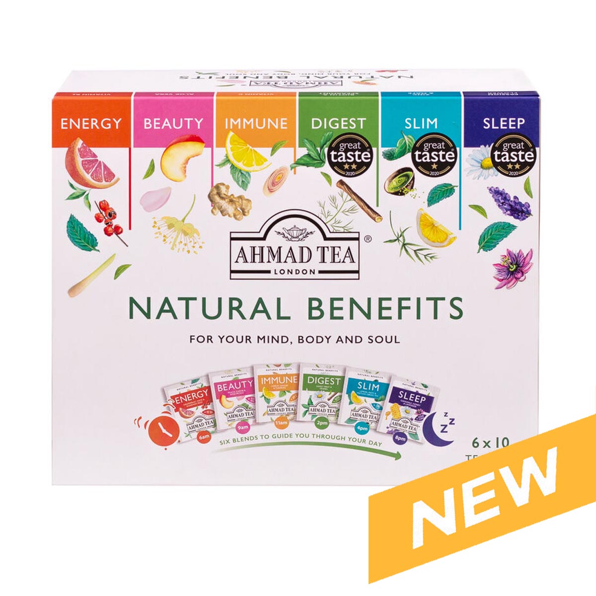 Natural Benefits | Selection pack with tasty fruit and herbal infusions| 60 Teabags each pack | Box of 8