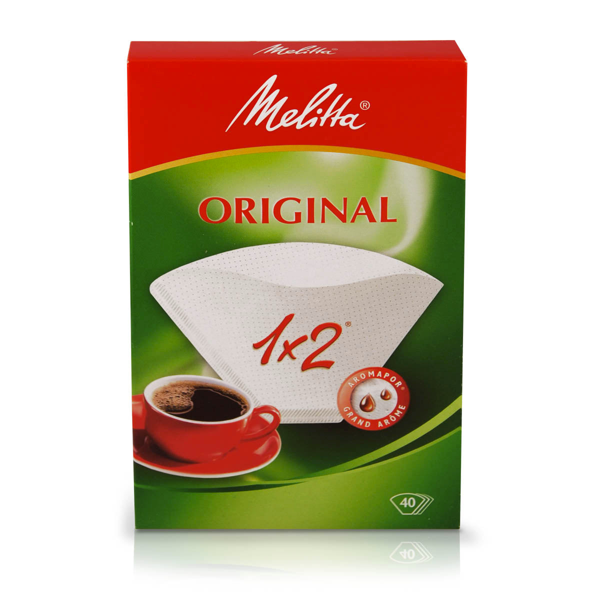 Pack containing 40 Melitta paper filters 1x2 cups | Box of 18 packs